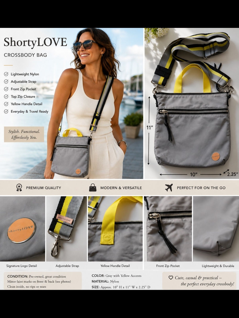 ShortyLOVE Gray Nylon Crossbody Bag Yellow Accents Adjustable Strap Lightweight
